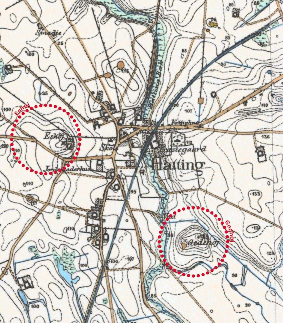 Historisk kort fra 1842-1899 med markering af de to historiske høje, Gedhøj og Eshøj